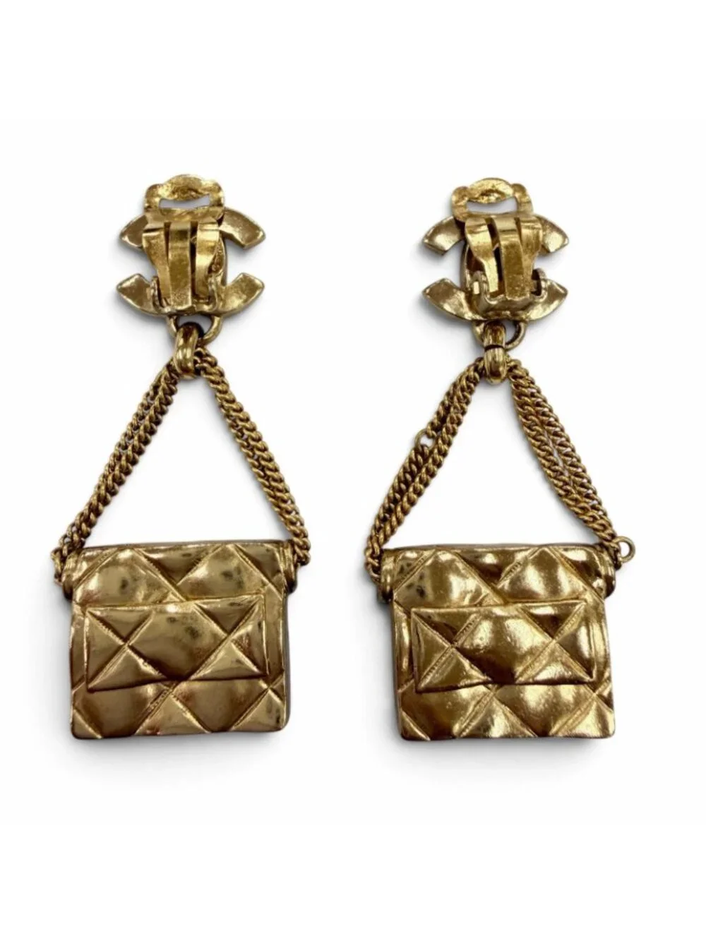 Chanel 02P Vintage Metal CC Logo Quilted Bag Earrings Gold